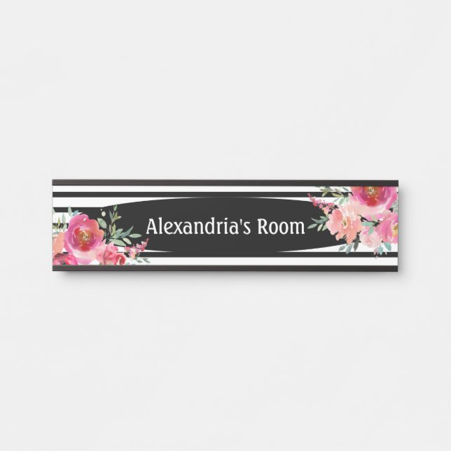 Letrero de puerta para niña de flores negras y bla (Anverso)