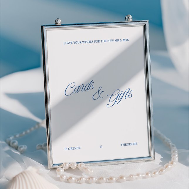 Letrero de tarjetas y regalos de boda clásico azul (Classic Blue & White Wedding Cards & Gifts Sign)