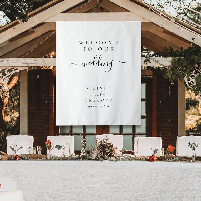 Letrero de tela de bienvenida a nuestra boda con l (Elegant Script Welcome To Our Wedding Fabric Sign Tapestry)