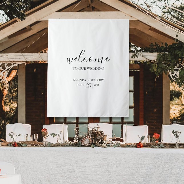 Letrero de tela de bienvenida a nuestra boda con l (Classy Script Welcome To Our Wedding Fabric Sign Tapestry)