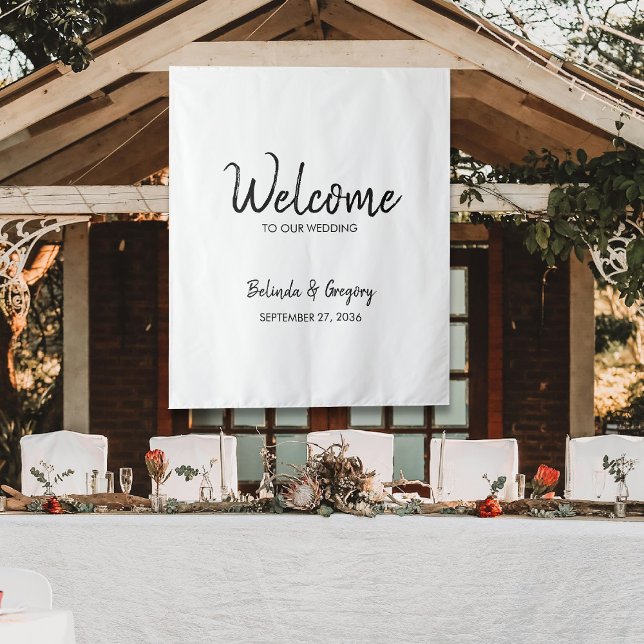 Letrero de tela de bienvenida a nuestra boda escri (Handwritten Welcome To Our Wedding Fabric Sign Tapestry)