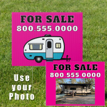Letrero de venta de remolque de viaje rosa calient