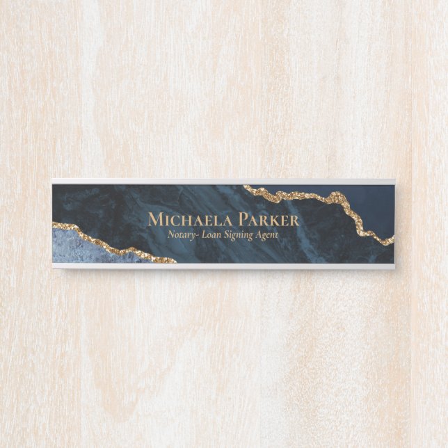 Letrero Para Puerta Agate de oro azul marino Geode Elegant Business (Anverso)