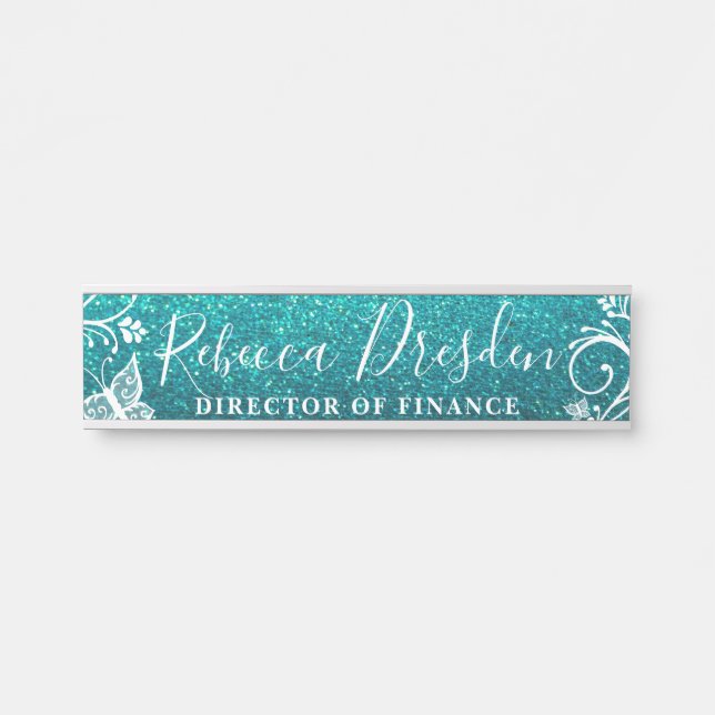 Letrero Para Puerta Aqua Purpurina Business Office Company Boss Floral (Anverso)
