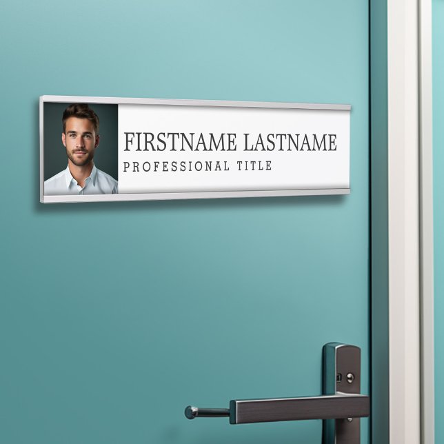 Letrero Para Puerta Blanco negro con nombre, título profesional y foto (Executive Door Sign - Customize your text and colors)