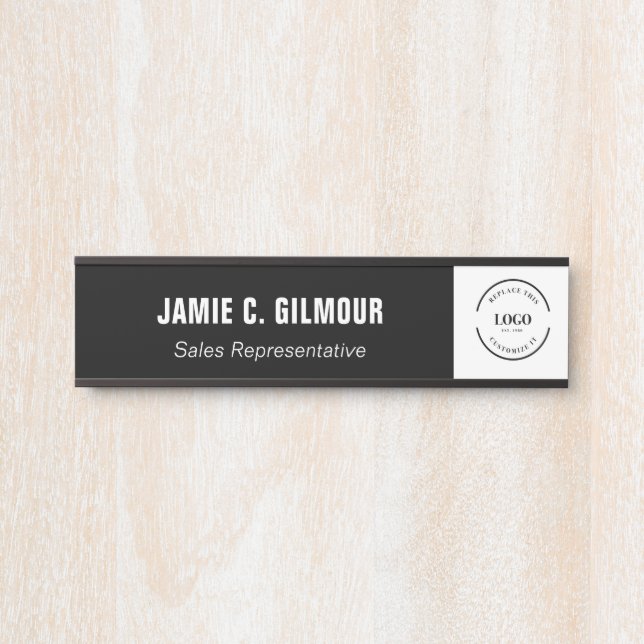 Letrero Para Puerta Business logo Simple Black White Custom Employee (Anverso)