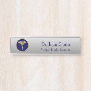 Letrero Para Puerta Caduceto Profesional de Oro Médico Azul