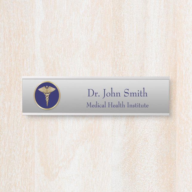 Letrero Para Puerta Caduceto Profesional de Oro Médico Azul (Anverso)