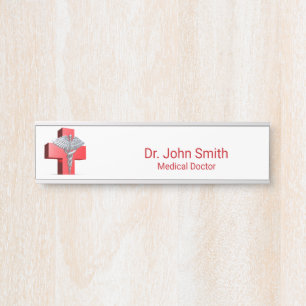 Letrero Para Puerta Cruz Médica Caduceo 3D de Plata Roja