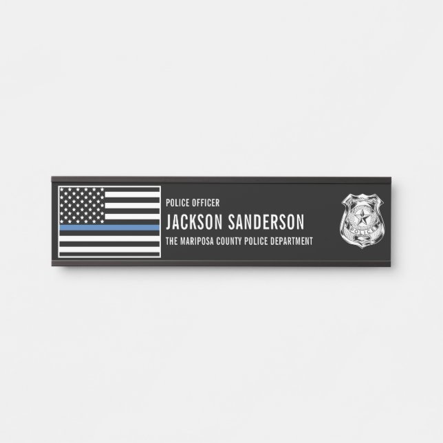 Letrero Para Puerta Departamento de Oficial de Policía Línea Azul Fina (Anverso)
