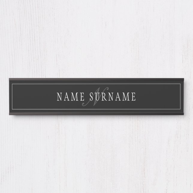 Letrero Para Puerta Elegante Script Monograma Editable Blanco Gris Neg (Anverso)