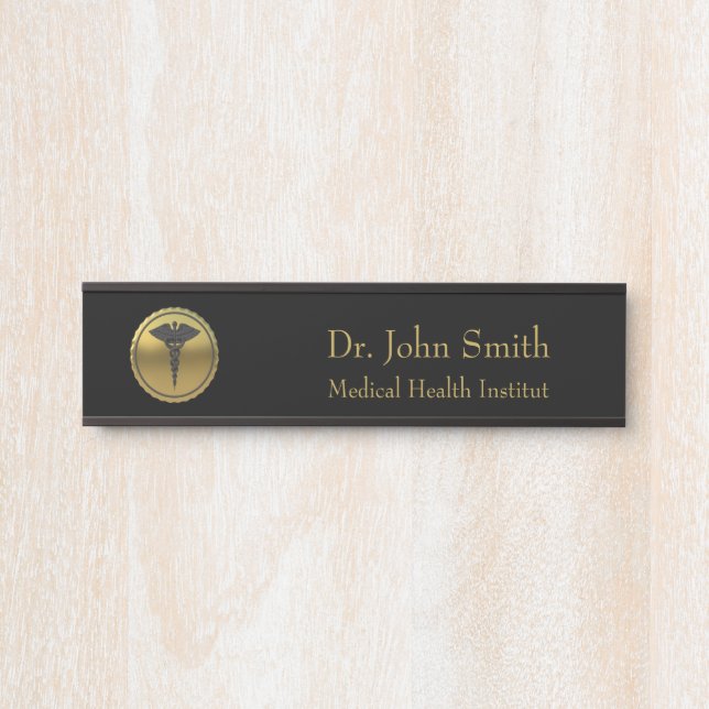 Letrero Para Puerta Emblema de Caduceo de Oro Médico 3D Profesional (Anverso)