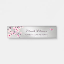 Letrero Para Puerta Flor de Cerezo Rosa Gris Oficina
