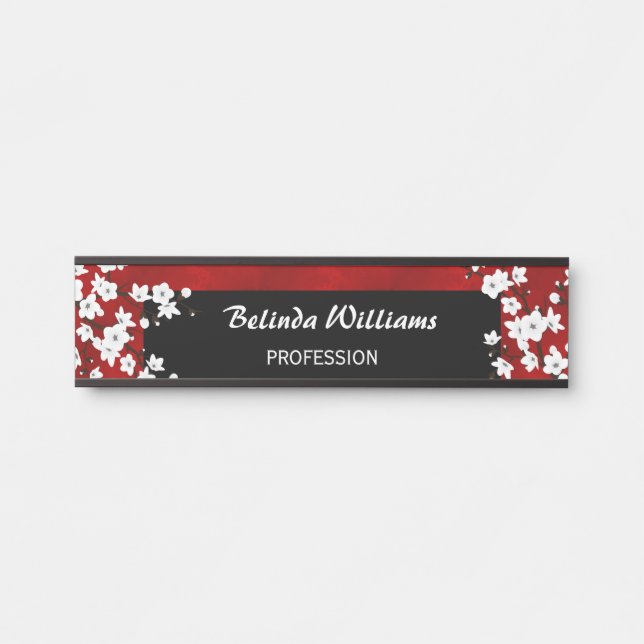 Letrero Para Puerta Floral White Cherry Blossom Red Office (Anverso)