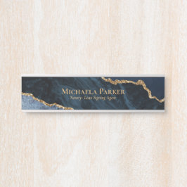 Letrero Para Puerta Géoda de Ágata Dorada Azul Marinho Elegante Negoci