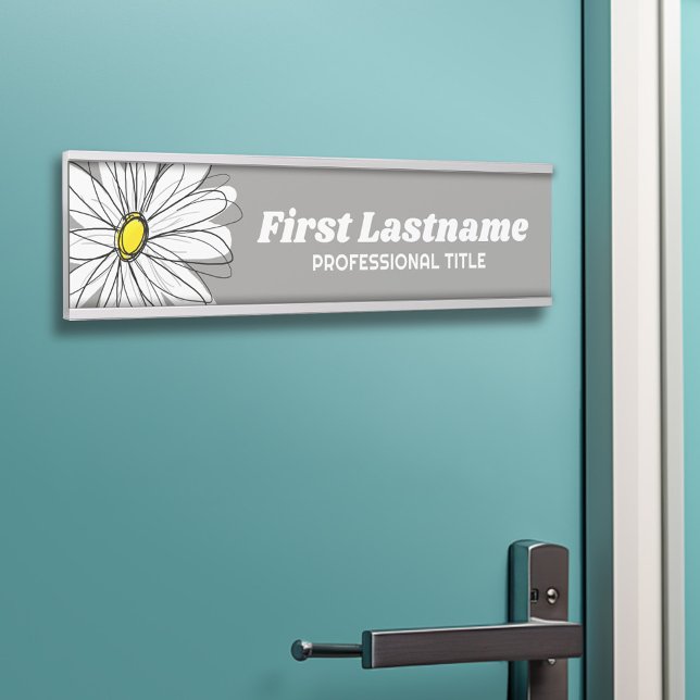 Letrero Para Puerta Gris y amarillo Whimsical Daisy Personalizado Text (Personalized Door Sign - Add Your Custom Text)