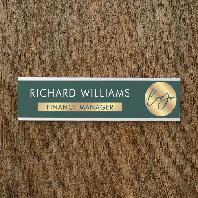 Letrero Para Puerta Logotipo de marca profesional Green & Gold Nombre  (Green and gold effect corporate door sign with your logo, name and job title)