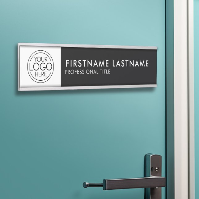 Letrero Para Puerta Logotipo profesional, blanco negro moderno, nombre (Personalized Door Sign - Add Your Logo and Professional Title with Name)