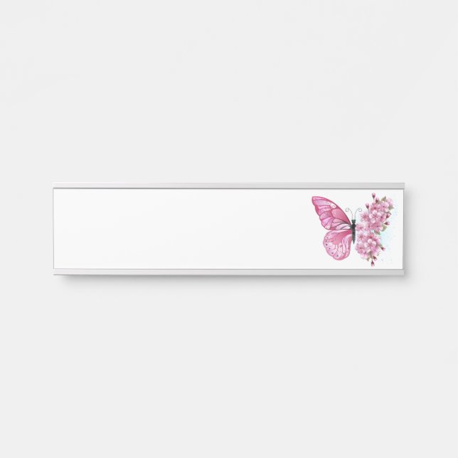 Letrero Para Puerta Mariposa de flores con Sakura rosa (Anverso)