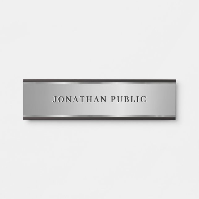 Letrero Para Puerta Modern Custom Text Name Elegant Black & Silver (Anverso)