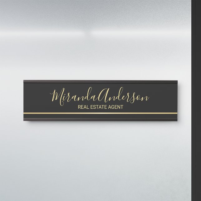 Letrero Para Puerta Negro y oro profesional con nombre de guión modern (Subido por el creador)