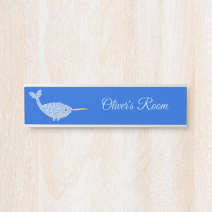 Letrero Para Puerta Niño de color azul dulce Personalizado de Narwhal