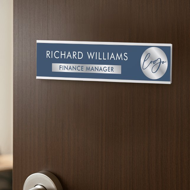Letrero Para Puerta Nombre del puesto de trabajo del personal de logot (Navy blue and silver effect corporate door sign with your logo, name and job title)