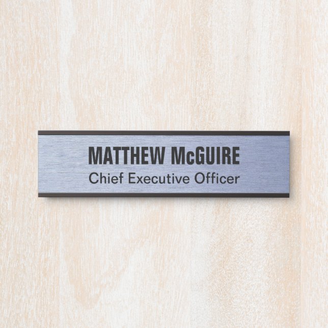 Letrero Para Puerta Oficina de aspecto Metalizado azul cepillado (Anverso)