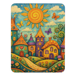 Letrero Para Puerta Pintura Colorida en Lienzo de Pueblo de Cuento de 