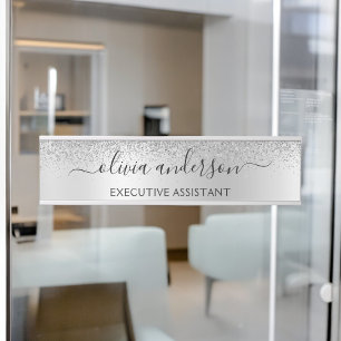 Letrero Para Puerta Purpurina de Monograma Plateado Sparkle Girly Scri