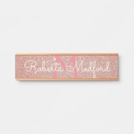 Letrero Para Puerta Rosa Oro Girly Purpurina Monogramed Door Rótulo