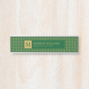 Letrero Para Puerta Verde Esmeralda y Dorado Patrón Damask Sin Costura