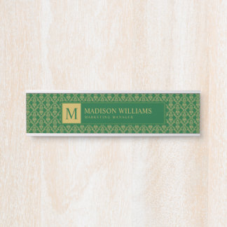 Letrero Para Puerta Verde Esmeralda y Dorado Patrón Damask Sin Costura
