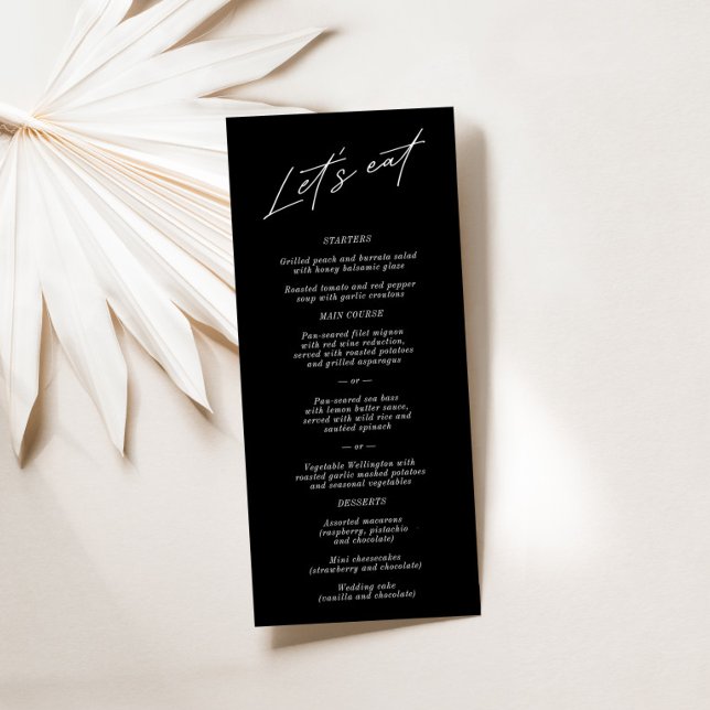 "Let's Eat" simple y elegante menú Boda negro ("Let's Eat" Simple Elegant Black Wedding Menu)