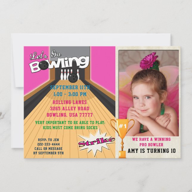 Let's Go Bowling Chicas rosados Invitación para fo (Anverso)
