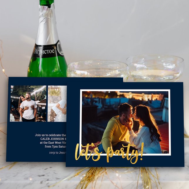 Let's Party Gold Brush Script 4 Invitación de Foto (Photo Engagement Party Invite from my Engagement Party Invitations Collection)