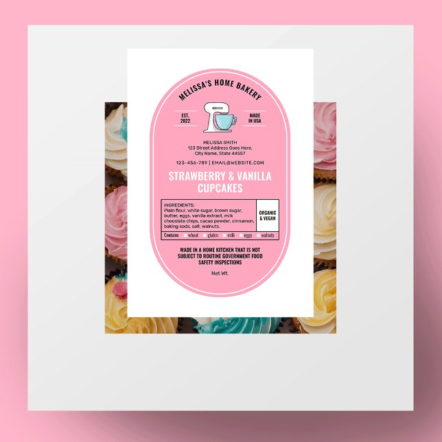 Leyes de la cabaña de casa Etiqueta de panadería R (Feminine blush pink and white home bakery cottage law labels with ingredients and allergens)