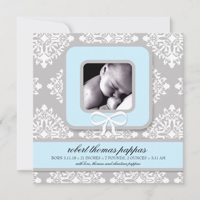 LGC | Invitación Gris y Blue Damask Boy (Anverso)