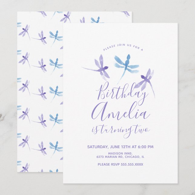 Libélula Acuarela Cumpleaños Fiesta Azul Púrpura (Anverso / Reverso)