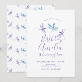 Libélula Acuarela Cumpleaños Fiesta Azul Púrpura