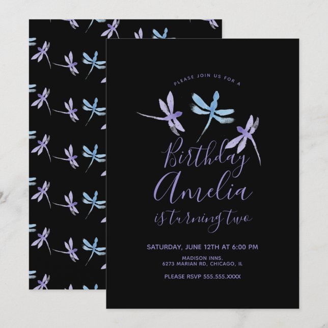 Libélula Acuarela Cumpleaños Fiesta Morado Negro (Anverso / Reverso)