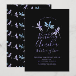 Libélula Acuarela Cumpleaños Fiesta Morado Negro