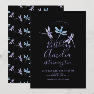 Libélula Acuarela Cumpleaños Fiesta Morado Negro