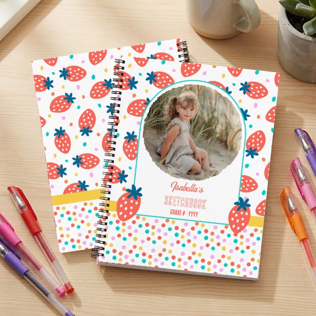 Libreta de Bocetos de Foto Personalizada de Fresa  (Strawberry and Polka Dot bright colorful sketchbook personalized with name and photo)