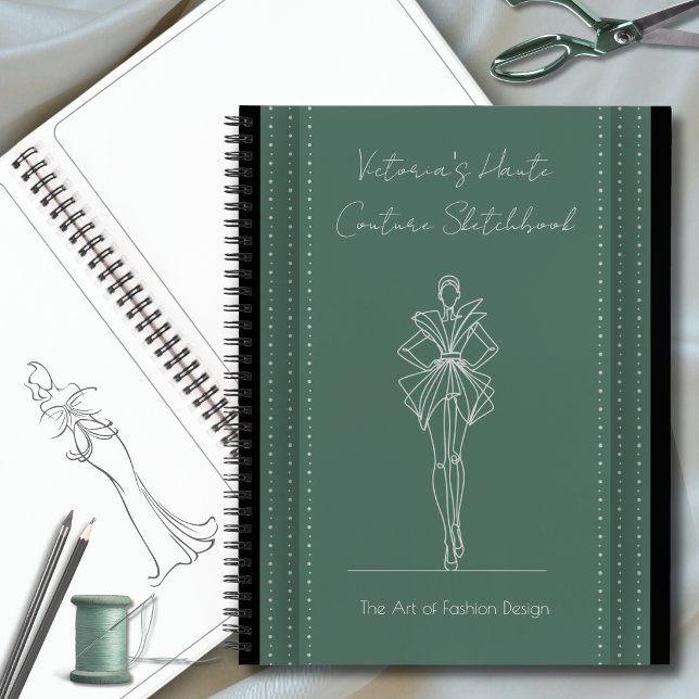 Libreta de bocetos de moda de alta costura verde b (Luxury fashion designer sketchbook in forest green. Elegant croquis illustration studio journal.)