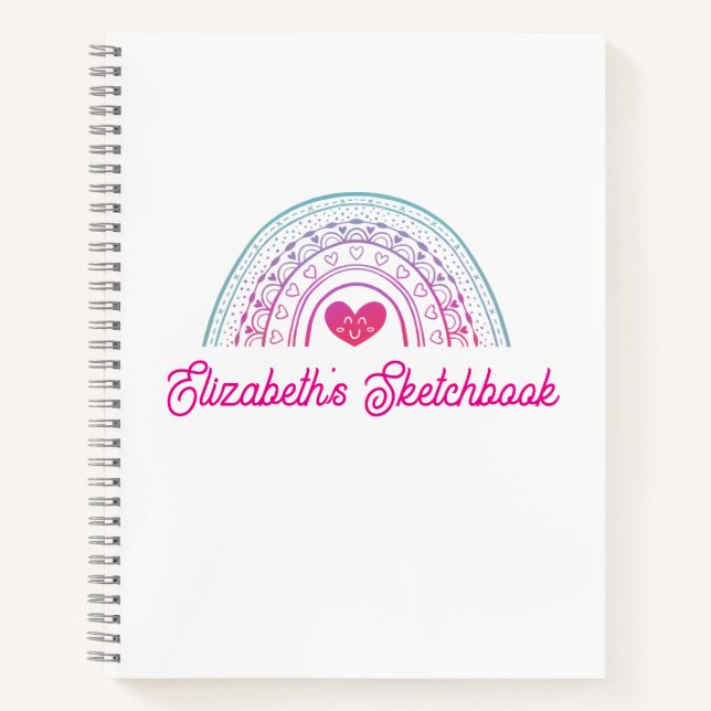 Libreta de bocetos de niña arcoíris boho rosa lind (Anverso)