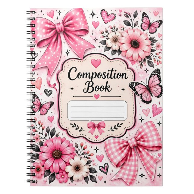 Libreta de composición de lazo rosa y mariposa lin (Frente)