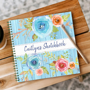 Libreta de dibujo azul madera acuarela floral nomb