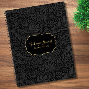 Libreta de dibujo con patrón floral negro elegante