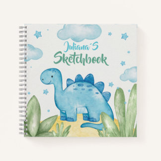 Libreta de dibujo de dinosaurio azul personalizabl